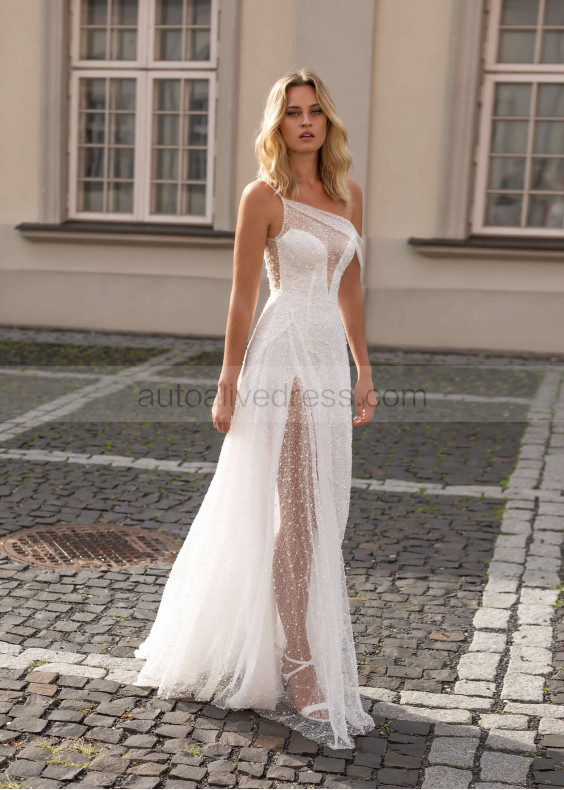 One Shoulder Sequins Pearls Slit Wedding Dress